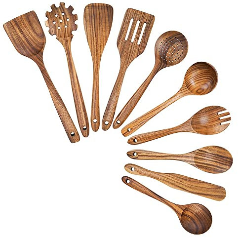 Orton - Utensilios de cocina de madera, juego de utensilios de cocina con soporte para cucharas de madera de teca y espátula de madera para cocinar