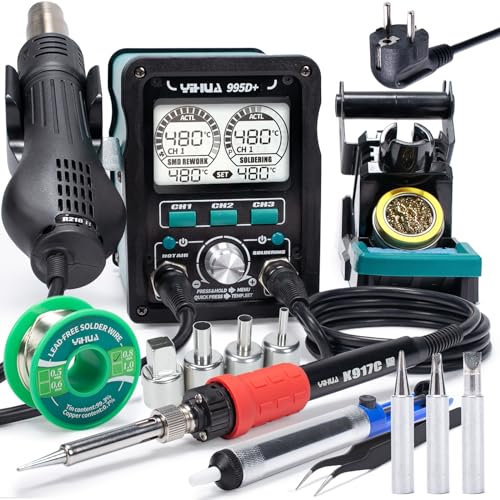 YIHUA 995D+ EVO Heißluft Rework station Lötstation 2-in-1 mit dynamischem LCD-Display mit 3 Lötspitzen, 4 Heißluftdüsen, bleifreiem Lötdraht, Pinzette, Entlötpumpe (EU-Stecker)