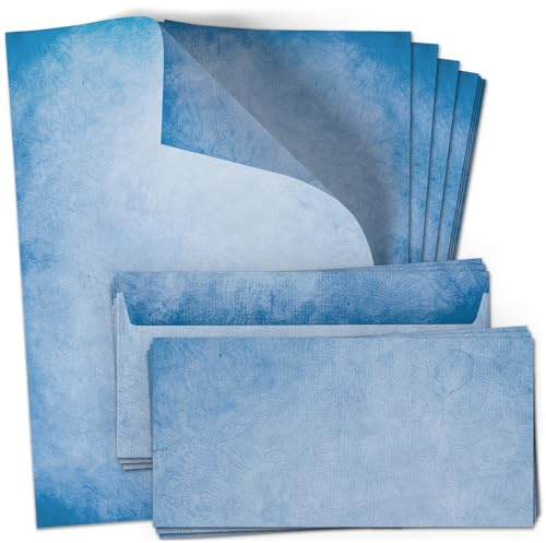 50 Briefpapier und Briefumschlag SET | Vintage Blau Altes Papier Look | Papier und Umschlag mit Design-Motiv bedruckt | 90 g/m²
