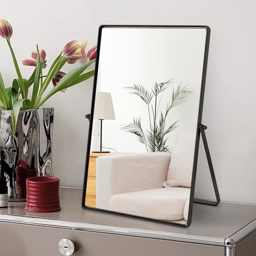 Numjeg Desktop Makeup Mirror with Black Metal Standing 90° Rotation Vanity Table Mirror Portable Cosmetic Mirror for Dressing Room Bedroom Bathroom Rectangle