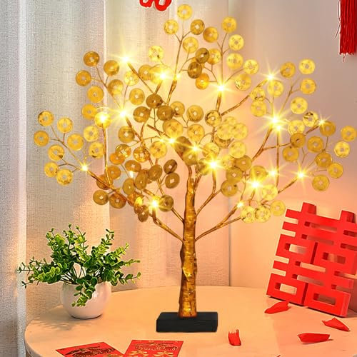 Geldbaum Feng Shui Gold Glücksbaum mit Licht,Pfennigbaum Reichtum und Glück Kristall Feng Shui Deko with Glücksmünzen und Base für Reichtum Glück Hause Penny Tree Dekoration (1)