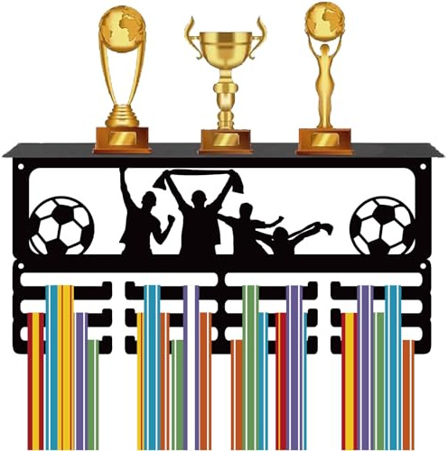 CREATCABIN Fußball-Medaillenaufhänger,Display,Trophäenregal Medaillenhalter Mit Regalständer,Sport,4 Reihe,Metall-Wandhalterung Zum Aufhängen Für Wettkämpfe,Band,Medaillenständer,Schwarz,40x20x10cm