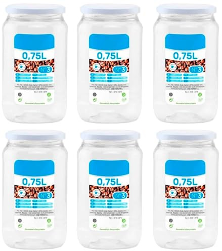 Acan Tradineur - Pack de 6 Tarros de plástico - Incluye Tapa metálica - Ideal para la conservación de Tus Alimentos - N.º 3-0,75 litros