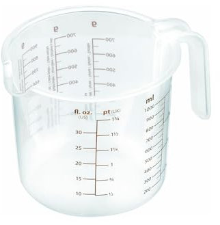 Dosificador graduado con boquilla vertedora y mango. Jarra multifunción para líquidos y sólidos, escala en gramos y litros, sin bisfenol A, lavable en lavavajillas, de plástico, 1 litro