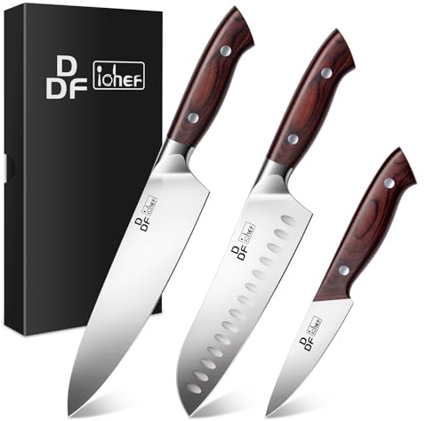 DDF iohEF Set di coltelli da cucina, 3 pezzi, set di coltelli da cucina affilati, coltello Santoku, coltello da chef professionale, coltello da ufficio in acciaio inossidabile