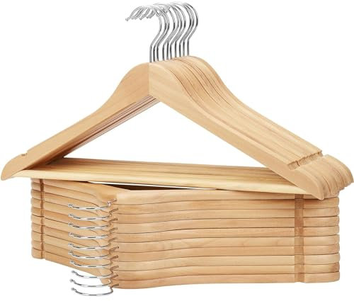 KROWN - Perchas de Madera Natural Antideslizantes con Muescas, Ideales para Trajes, Abrigos, Chaquetas, Camisas y Pantalones, Gancho Giratorio de 360° (Natural, 6 Unidades)