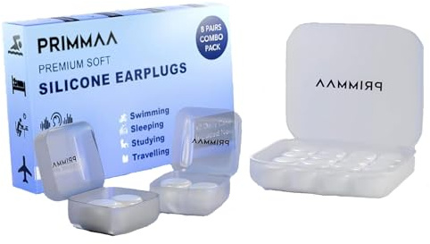 PRIMMAA 8 Pairs Reusable Soft Silicone Ear Plugs Noise Cancelling Earbuds for Sleeping, 29 dB NRR, Waterproof, Ear Defenders for Work, Concerts, Swimming, 0.6” (White)