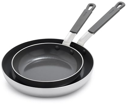 GreenPan x Bobby Flay Bratpfannen-Set, Edelstahl, 20,3 cm und 25,4 cm, professionell, dreilagig, mehrfach verkleidet, PFAS-freie Keramik-Antihaftbeschichtung, induktionsgeeignet, spülmaschinen- und
