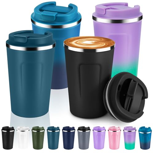 Volhoply 350 ml Dubbelväggs isolerat vakuum resekaffemuggar med vikbart lock 4-pack, återanvändbara rostfria stål läcksäkra kaffemuggar, portabla varm-/kaldryckskrus (Blandade,4)