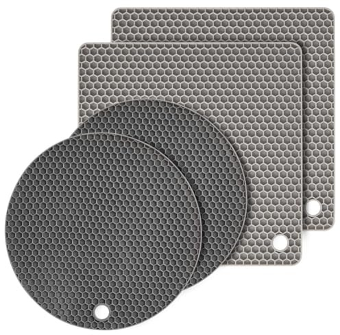 Flintronic Lot de 4 dessous de plat en silicone, multi-usages, résistants à la chaleur, dessous de plat en silicone flexible, support rond résistant à la chaleur pour cuisine, salle à manger (gris)