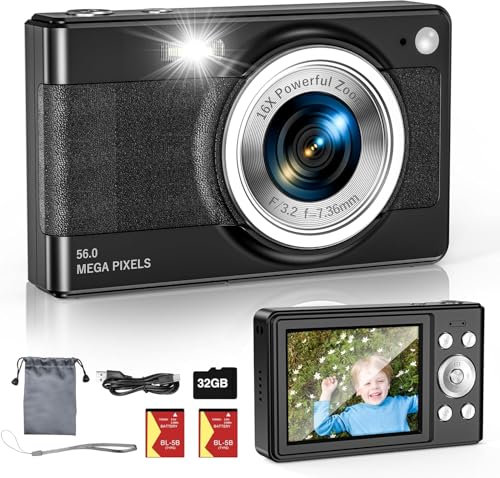 Upgrade Digital Camera, 56MP FHD 1080P 16X Kids Digital Zoom, 32GB TF Card, Portable Mini Camera with 2 Batteries, Lanyard, Compact Small Camera for Kids Boys Girls（Black）