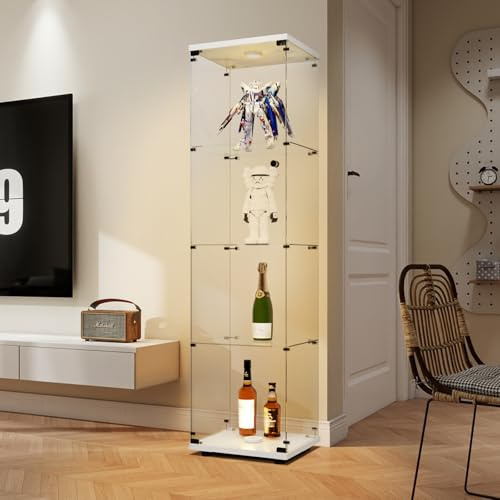 BLSYHDH Visningsfodral i glas med 1 dörr, 4 hyllor, vitrinskåp i glas, skåp, vitrinskåp, vardagsrum, bar (4 våningar, 1 dörr + LED, vit)