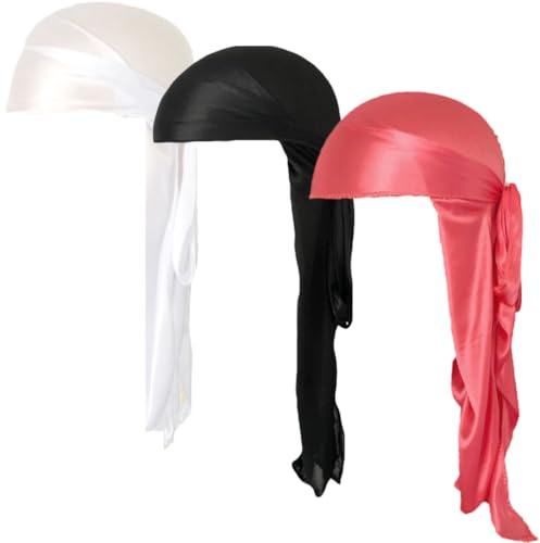 COYUN 3 Pezzi Fasce Lunghe Durag Unisex Durag Fasce Larghe per Capelli da Pirata per la Perdita dei Capelli Cappello Turbante, Traspirante Morbido Elastico Bandana Wave Cap Copricapo a Coda Lunga