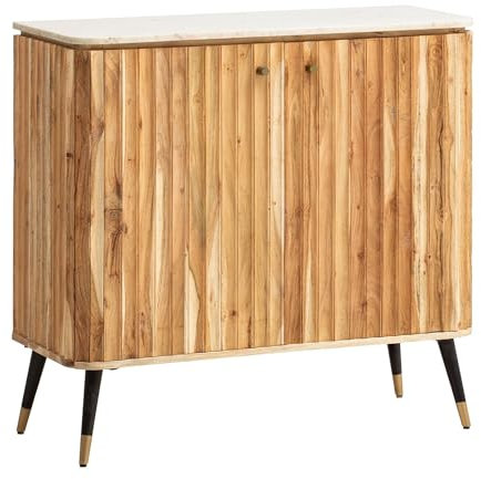FineBuy Hausbar Akazie Massivholz 95x90x41 cm Weinbar Echter Marmor, Kleine Bar Modern, Barschrank mit Türen und Weinregal, Spirituosenschrank mit Aufbewahrung für Flaschen und Gläser Braun