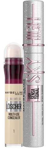 Make-Up Set aus Maybelline New York Lash Sensational Sky High Space Diamond, silber glitzernder Topcoat, 8 ml + Maybelline New York Abdeckstift, Instant Anti-Age Effekt Concealer, Nr. 01 Light, 6,8 ml