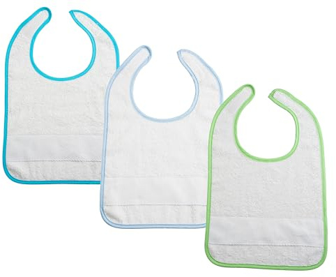 Filet - Ensemble de 3 Bavoirs pour repas avec fermeture velcro en éponge blanche, avec toile Aïda à broder, 24x30 cm, fabriqué en Italie, bord uni, variantes bleu clair, turquoise, vert
