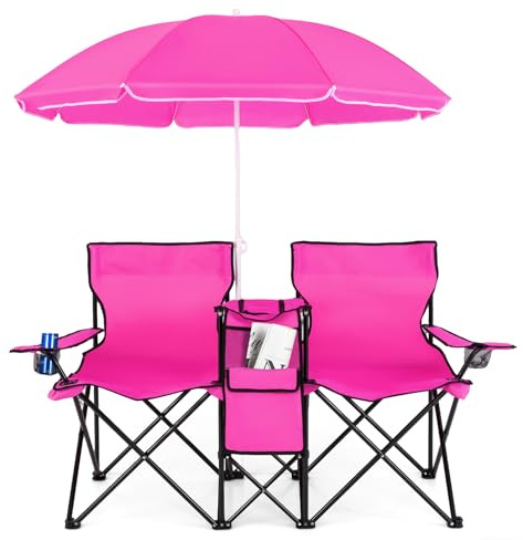 COSTWAY Double Camping Chair, Portable Folding Loveseat with Umbrella, Ice Bag, Cup Holder & Carrying Bag, Outdoor Garden Seaside Fishing Picnic Leisure Lover Chairs Set (Pink)
