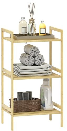 HOMCOM 3-Tier Bamboo Bathroom Storage Shelf, Freestanding Shelving Unit with Adjustable Rack for Kitchen Bathroom Living Room, Natural Wood Finish