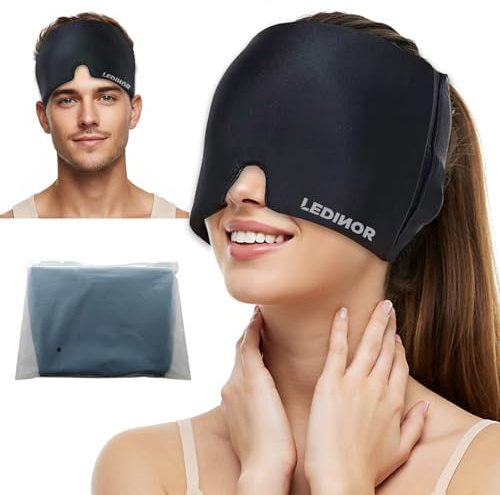 LEDINOR® Gorro para Migrañas y Alivio del Dolor de Cabeza para aplicación de Frío y Calor + Bolsa de Almacenamiento | Máscara de Gel Termo-Sensible Anti Migrañas