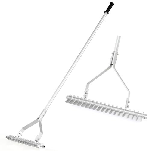 COSTWAY 178 cm Garden Thatch Rake, 20 Inch Wide Aluminum Lawn Loosening Soil Rakes with Long Handle & 19 Curved Tines, Garden Rake Landscaping Tool for Yard for Cleaning Dead Grass, Removing Weeds