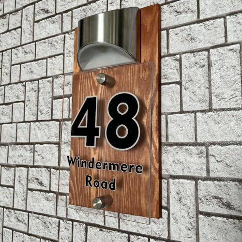 Personalisierte Solar-Adressschilder für Hof, individuell beleuchtete Adressschilder für Häuser, solarbeleuchtete Hausnummern, modernes Türschild (braun, 15 x 29 cm)