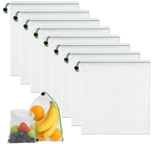 8 PCS Sac de Cordon en Maille 35 x 30 cm Lavable Sac en Maille en Nylon Réutilisables Portable Sacs Rangement Jouet pour Le Shopping et Le Stockage pour Fruits, Légumes, Épicerie et Supermarché