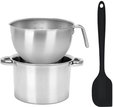 3PCS Double Boiler Pot Set, 1250ML/1.1QT Mixing Bowl with Scale 2200ML/ 2QT Stainless Steel Heating Pot with Silicone Spatula for Cheese Chocolate Candy Candle Soap Wax Melting (1250ml+2200ml)