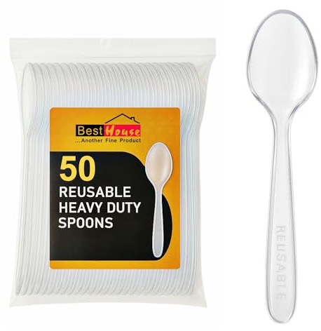 BH | Reusable Plastic Clear Spoons | Pack of 50 | Durable Washable Cutlery Spoons Set | for Weddings, Events, Birthday, Parties, Picnics, BBQ's, Camping, and Everyday Use - By Best House