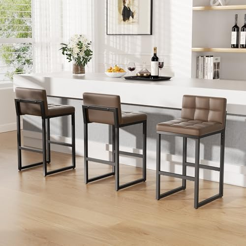 YUUIJOAA Barhocker mit Rückenlehne 3er Set Barstuhl mit Stabiler Metallrahmen Gepolsterter Sitzfläche Kunstleder Barhocker Sitzhöhe 65cm barhocker Gepolsterter Küchenhocker, Hellbraun