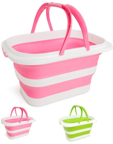XXFLOWER Large Collapsible Bucket for Cleaning, 4.2 Gallon (16L) Silicone Bucket with Handle & Hanging Hole, Foldable Space-Saving Mop Bucket for Home, Storage. Car Wash, Camping, Beach (Pink White)