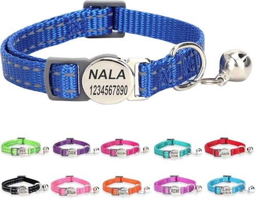 Personalisierter Katzenhalsband mit Ablös‑Sicherheitsschnalle, Blau | Individuell gravierte Schnalle mit Name，befestigte Glocke, reflektierende Nähte, verstellbar 19‑30 cm, für Katzen & Kätzchen