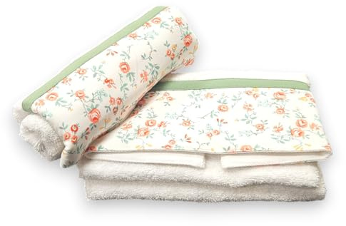 Vico Casa® Set asciugamani bagno 2 pezzi in 100% cotone/Asciugamano viso 55x100cm e asciugamano bidet ospite 40x60cm / Certificato OEKO-TEX/FANTASIA ROSE colore bianco con bordo verde