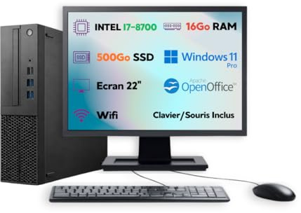 PC de Bureau SFF Intel Core i7-8700 | Windows 11 Pro | SSD | RAM | Wi-FI | Suite Open Office (reconditionné) (500, Go, 16, Go)