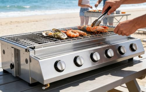 Drmoxin Parrilla Comercial de Gas GLP - Parrilla de Mesa con quemadores de 6/8, Plancha portátil de Gas para Fiestas, reuniones en el jardín, Camping y picnics A