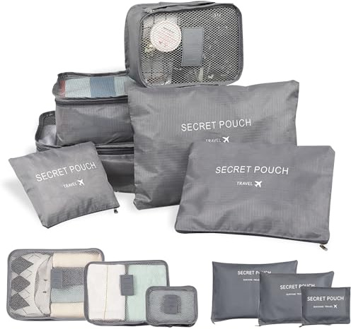 FOSDICK Lot de 6 Organisateur Valise, Sac Rangement Valise, Différents Tailles des Packing Cubes, Léger Organiseurs de Bagage, Organisateur de Voyage pour Vêtements, Sous-Vêtements, Cosmétiques (Gris)