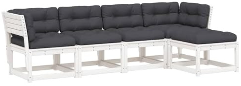 XHNIFBN 5-TLG. Garten-Sofagarnitur Weiß, Lounge-Set aus massivem Kiefernholz, Gartenmöbel mit Polsterauflagen, Modulares Loungesofa für Terrasse und Garten