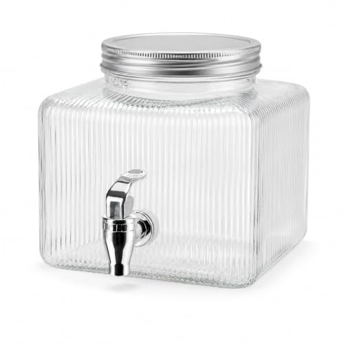 CIA&CO Dispensador de Agua de Vidrio 5,5 L con Grifo | Dispensador de Bebidas Cuadrado para Frigorífico | Boca Ancha y Tapa Metálica | Para Limonada, Zumos, Sangría y Cócteles
