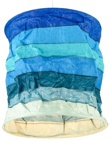 Runde Papier Hängelampe, Lokta Papierlampenschirm, blau gestreift | Handgeschöpfter Lampenschirm aus Lokta Papier, faltbar, stilvolles Design, vielseitig einsetzbar.
