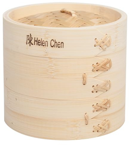 Helen's Asian Kitchen Bamboo Food Steamer With Lid, 6 Inch, 2 Tier Basket For Dumplings, Bao, Vegetables, Fish, And Rice