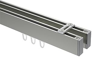 INTERDECO Innenlauf-Gardinenstange eckig 14 x 35 mm 2-läufig, kantige Innenlaufstange aus Metall, Edelstahl-Optik mit Chrom, zur Deckenmontage, Typ 10212817, 200 cm