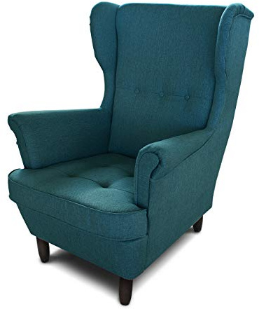 Sofnet Ohrensessel Sessel King - Lounge Sessel mit Armlehnen - Retro Stuhl aus Stoff mit Holz Füßen - Polsterstuhl für Esszimmer & Wohnzimmer (Blau (Inari 87), ohne Hocker)