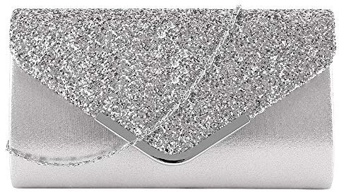 MEGAUK Damen Clutch Glitzer Elegant Abendtasche Glänzend Handtasche Envelope Tasche Strass Unterarmtasche mit Kette für Hochzeit Wedding Prom Party (Mode Silber)