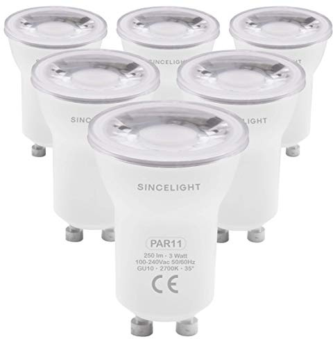 SINCELIGHT MINI/Small GU10 LED PAR11 Reflector Light Bulb with GU10 Base, 3W, Warm White (2700K), 35 Degree of Beam Angle, Equivalent 25W Halogen Bulb, Pack of 6