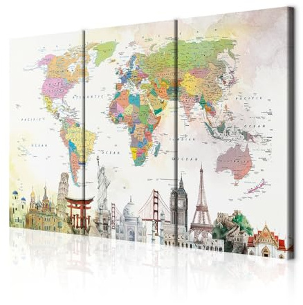decomonkey Wandbilder Weltkarte 120x80 cm 3 Teilig Wandbild Groß Wohnzimmer | Leinwandbild XXL, Deko, Schlafzimmer, Büro, Wanddeko, Leinwand, Pictures For Wall, Poster, Painting, Abstrakt, Welt