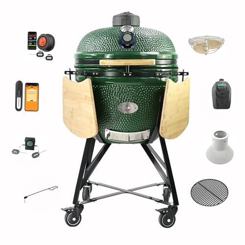 YNNI 25 »Vert XL Chip Feeder KAMADO Bundle (Package) Divide & Conquer, Cover, Cast Iron Grate et Kickash Panier TQTT25GR