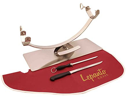 Soporte jamonero New Generation basculante, jamonero inoxidable basculante mas cuchillo jamonero mas chaira y cubre jamón color burdeos