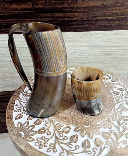 Tasse à vin Viking - Chope à bière - Corne médiévale naturelle - Avec verre à liqueur - Décoration d'intérieur rustique vintage - Cadeaux