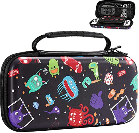 MoKo Custodia da Trasporto Compatibile con Nintendo Switch OLED/Switch | Custodia Rigida per Console Switch, con 10 Slot per Schede di Gioco, Chiusura Cerniera Liscia, Mostri