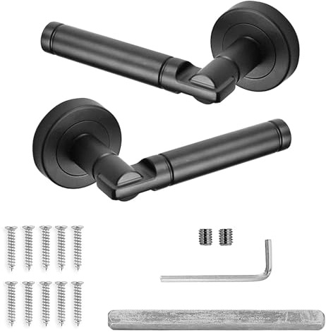 Decoranddecor Matt Black Door Handles Internal, Round Rose Lever Set | Black Door Handle Set, Spare Replacement Pair, Interior Lever Handles, Bedroom Office Doors, Indoor Handle Sets