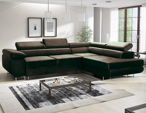 MODERNO Ecksofa mit Schlaffunktion und Bettkasten Avesta - Sofa +3 Sitzen mit Robusten Metallfüße - Schlafcouch L-Form - Modern Couch 277x203x73 cm - Ecke Rechts Velours Braun